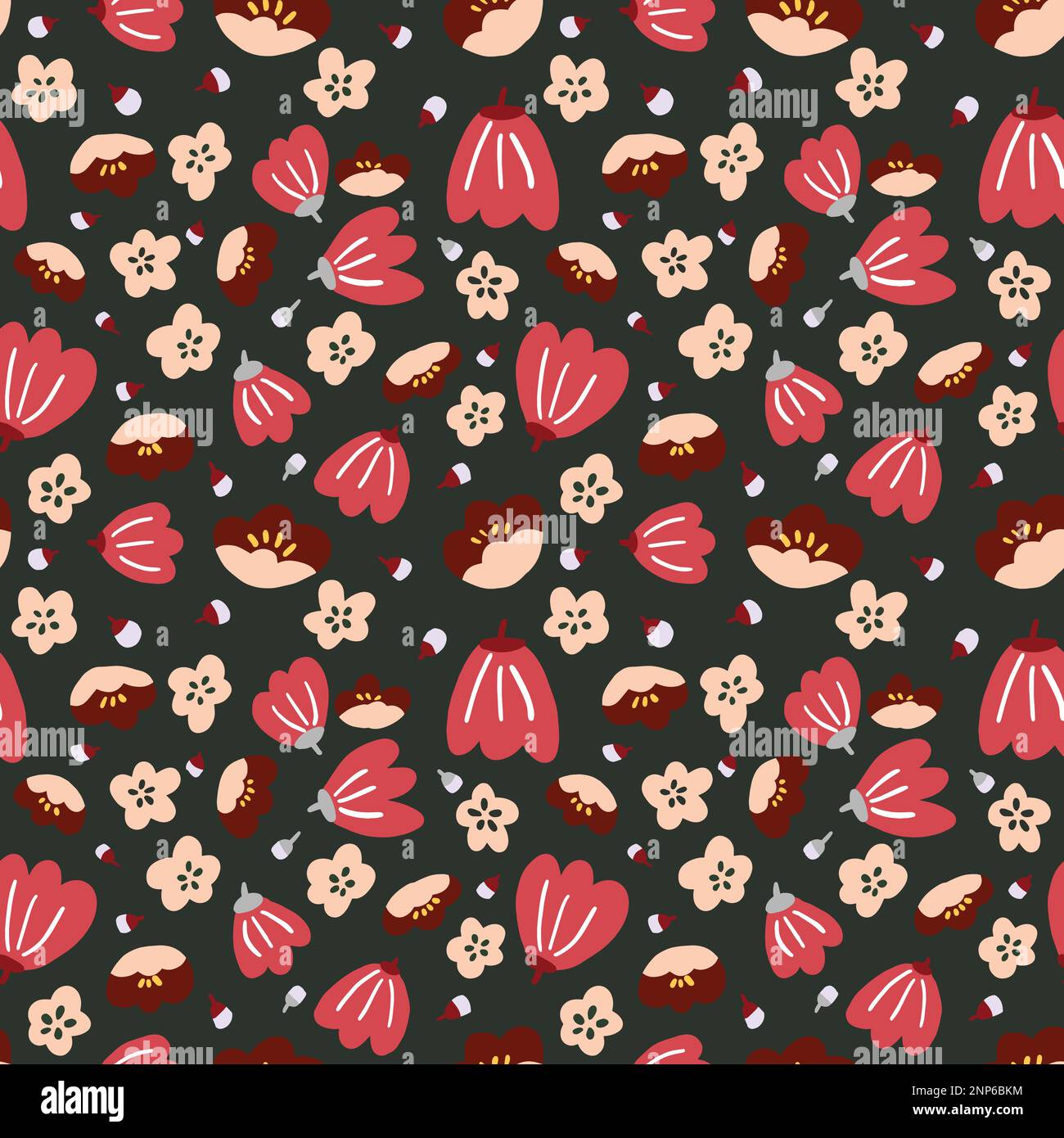 Süße nahtlose rote rosa Blumenmuster mit Cartoon-Muster Stock Vektor