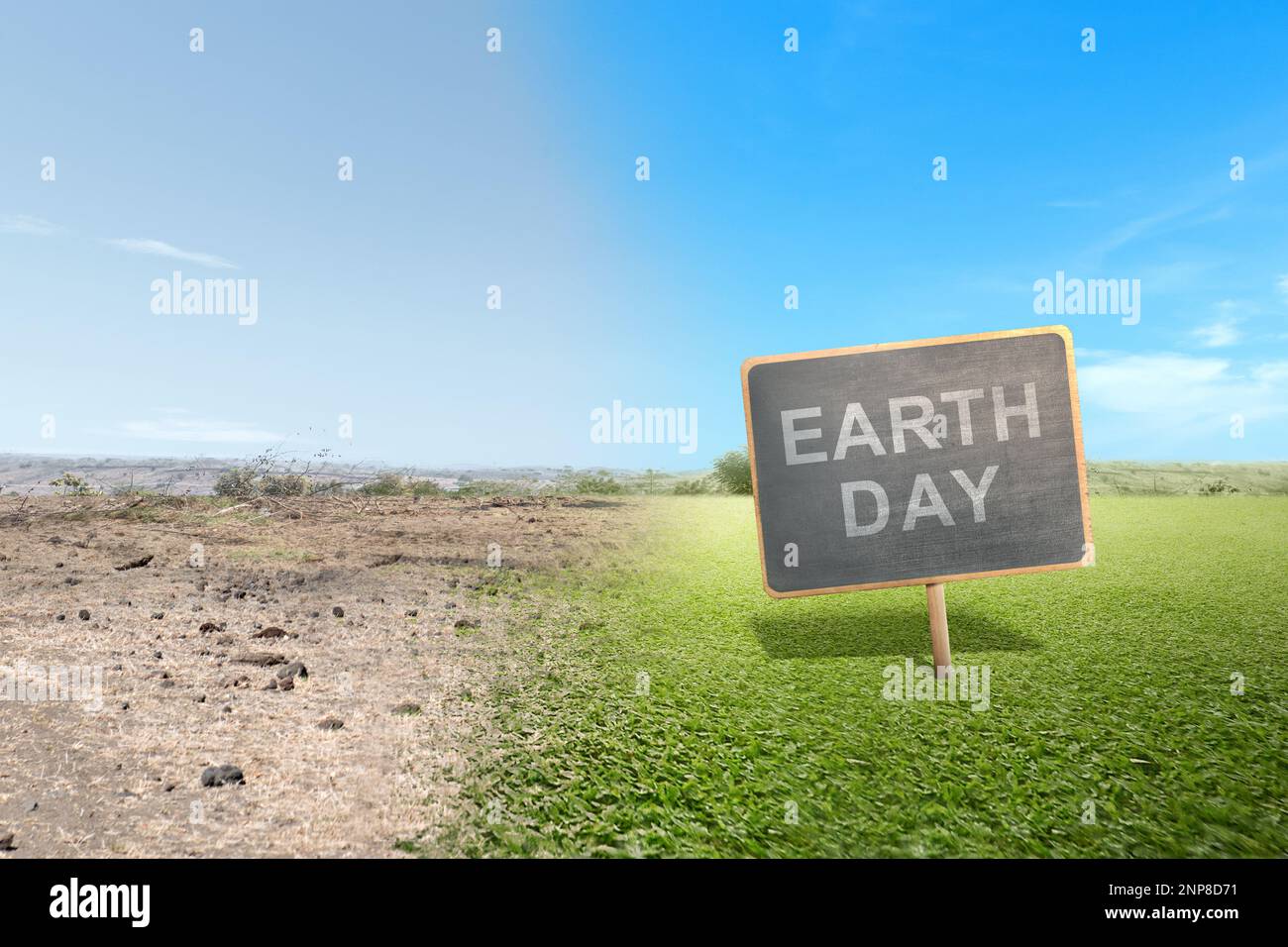 Holzbrett mit Nachricht vom Earth Day auf dem Boden unter verschiedenen Bedingungen. Earth Day-Konzept Stockfoto