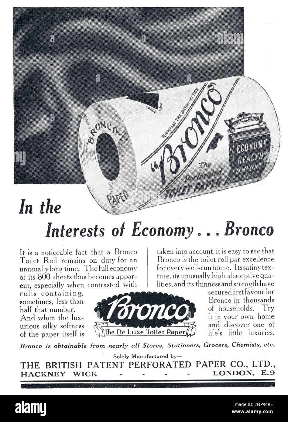 Die Sphäre war eine unbeschämte London-zentrierte Woche, oder die illustrierte Weekly des Empire. Anzeige von 1935. Bronco Toilettenpapier - im Interesse der Wirtschaft! De Luxe Toilettenpapier, British Perforated Paper Company, Hackney Wick. Stockfoto