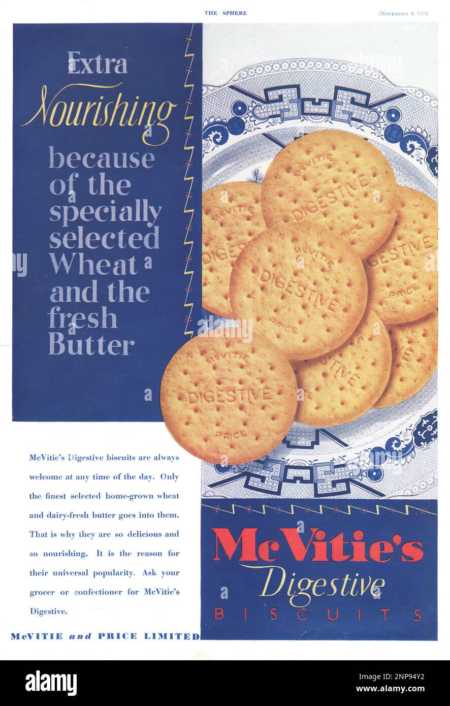 Die Sphäre war eine unbeschämte London-zentrierte Woche, oder die illustrierte Weekly des Empire. Anzeige von 1935. McVitie's Digestive Biscuits, vollfarbige ganzseitige Anzeige. Art déco-Design, Vintage, Stockfoto