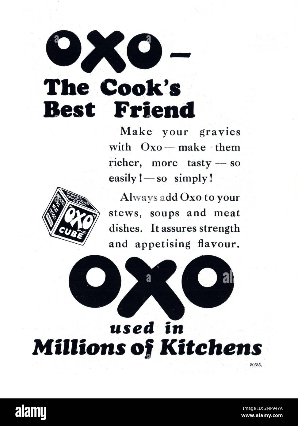 Die Sphäre war eine unbeschämte London-zentrierte Woche, oder die illustrierte Weekly des Empire. Anzeige von 1935. Oxy - der beste Freund des Kochs. Aus der Zeit, als Oxo-Würfel in einzelnen Kartons geliefert wurden. Stockfoto