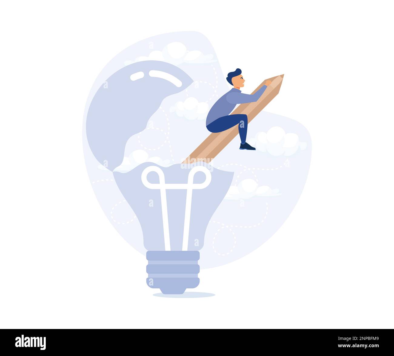 Kreativität um eine neue Idee zu schaffen, reitet ein Mann auf einer Pencil-Rakete aus der öffnenden Glühbirne. Moderne flache Vektordarstellung Stock Vektor