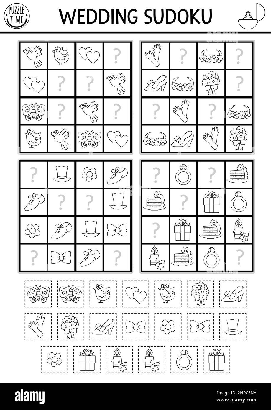 Vector schwarz-weiß Hochzeits-Sudoku-Puzzle für Kinder. Einfaches Quiz zur Hochzeitszeremonie mit Schneide- und Kleberelementen. Bildungsaktivität oder Ausmalseite w Stock Vektor