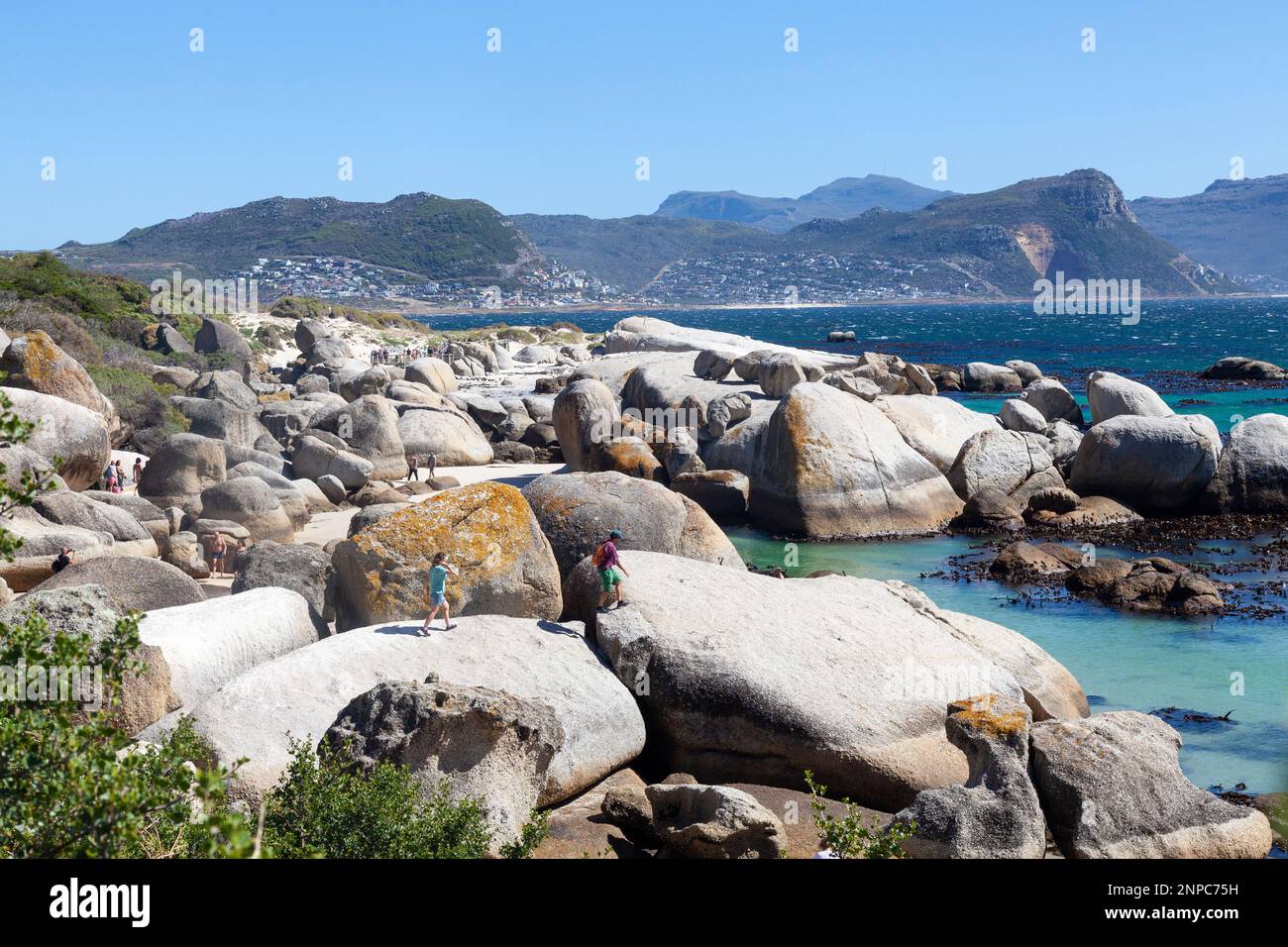 Boulders Beach, Simonstown, Kapstadt, Westkap, Südafrika. Blick auf die Aussichtsplattformen der Brutkolonie der afrikanischen Pinguine und der False Bay Stockfoto