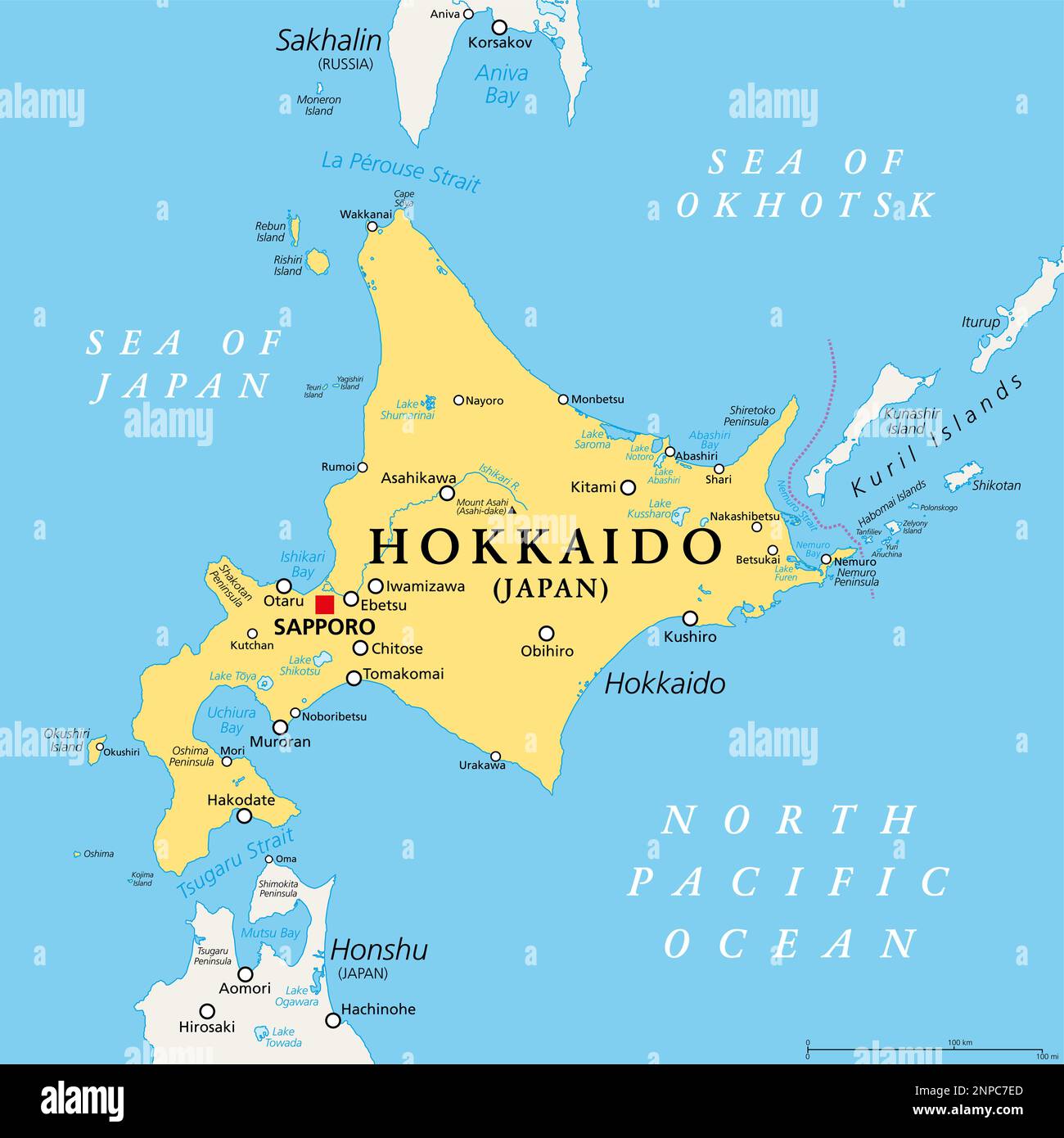 Hokkaido, zweitgrößte Insel Japans, politische Karte, mit Hauptstadt Sapporo. Umfasst die größte und nördlichste Präfektur. Stockfoto