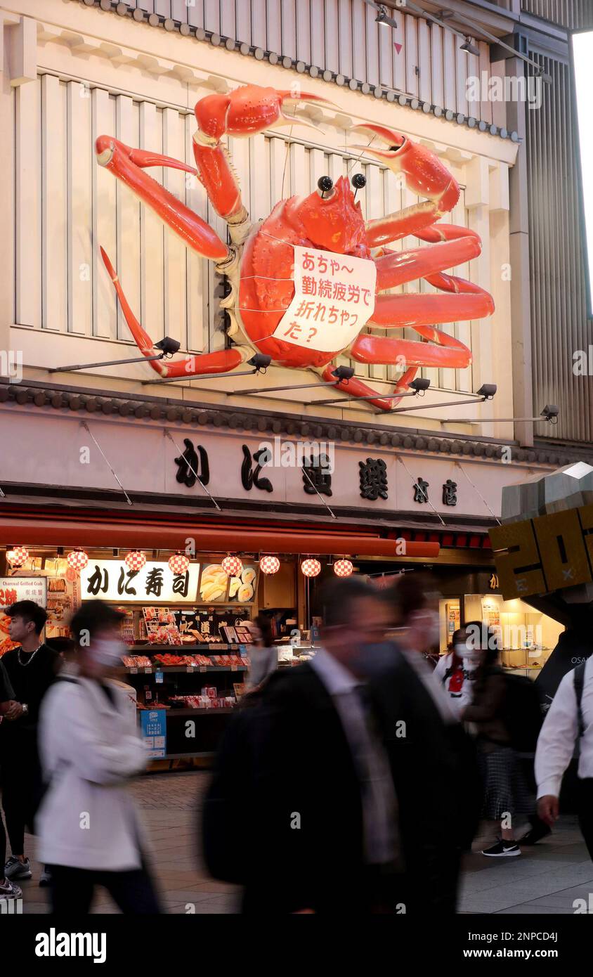A photo shows a moving crab billboard losing two legs at Kani Doraku Dotonbori Honten in Chuo Ward, Osaka on Oct. 20, 2020. The crab restaurant is the birthplace of the kani dishes, crab food and it attracts tourists in the area ( The Yomiuri Shimbun via AP Images ) Stockfoto