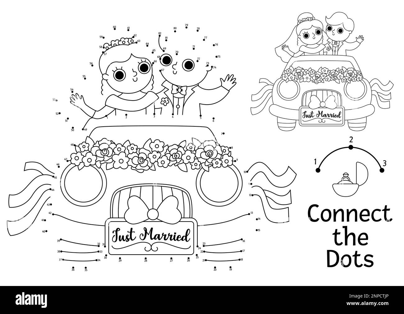 Vektor-Punkt-zu-Punkt- und Farb-Aktivität mit süßem, gerade verheirateten Paar. Hochzeit verbindet die Punkte Spiel für Kinder mit Braut, Bräutigam für Flitterwochen. Stock Vektor