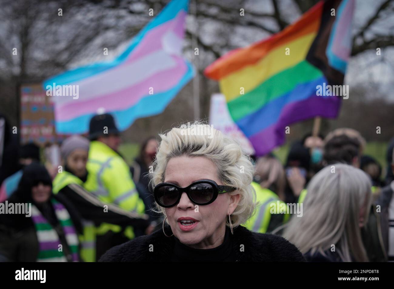 Kellie-Jay Keen-Minshull trifft sich mit anderen Feministen in der Nähe des Reformers' Tree in Hyde Park, London, Großbritannien. Stockfoto