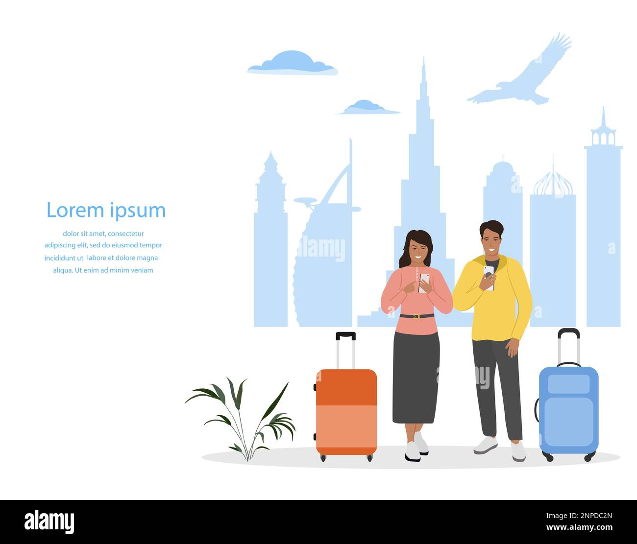 Vektor-Illustration Mann, Frau mit Koffern verwenden Handys. Touristen. Menschen machen Fotos, Selfies. Wolkenkratzer der Vereinigten Arabischen Emirate. Sommerurlaub. Stock Vektor