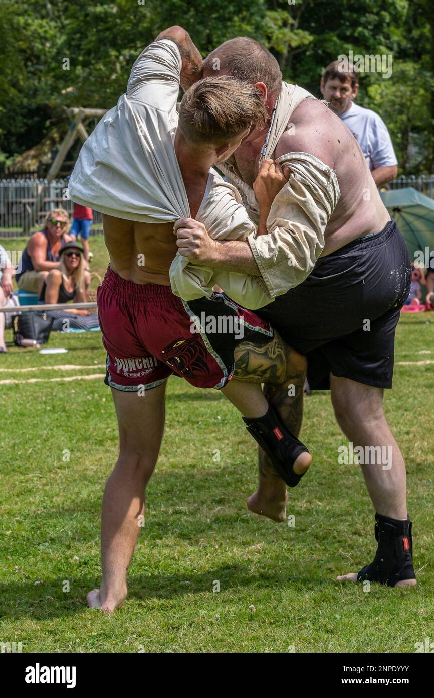 Teilnehmer der ersten Runde der Mens Open im Grand Cornish Wrestling Tournament auf dem malerischen Grün des Dorfes St. Mawgan in Pydar in Cornwall, England, Großbritannien. Stockfoto