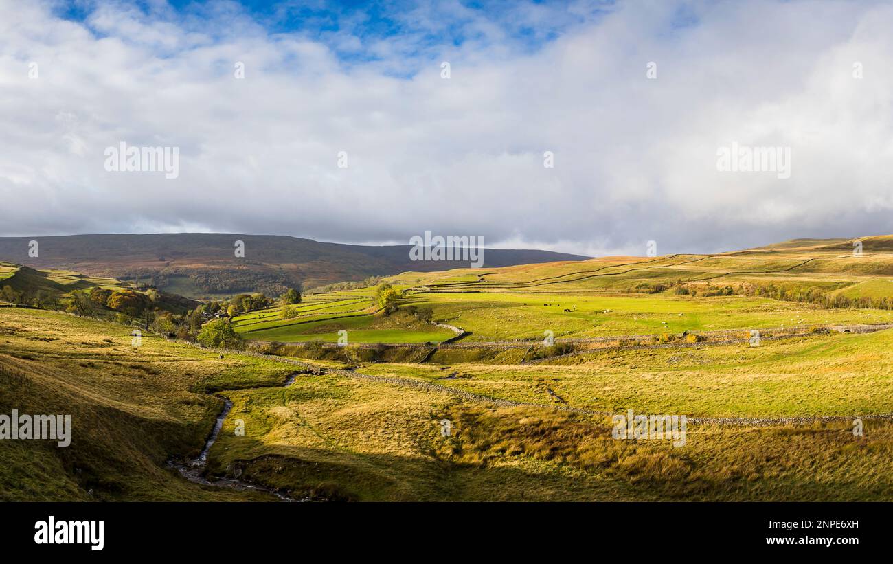Ein Panoramablick auf das Wharfedale Valley in den Yorkshire Dales. Stockfoto