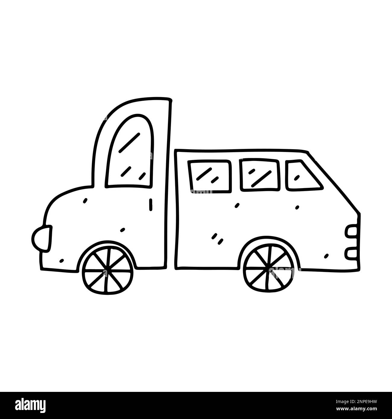 Süßes Auto im handgezeichneten Doodle-Stil. Vektordarstellung des auf weißem Hintergrund isolierten Transportelements Stock Vektor