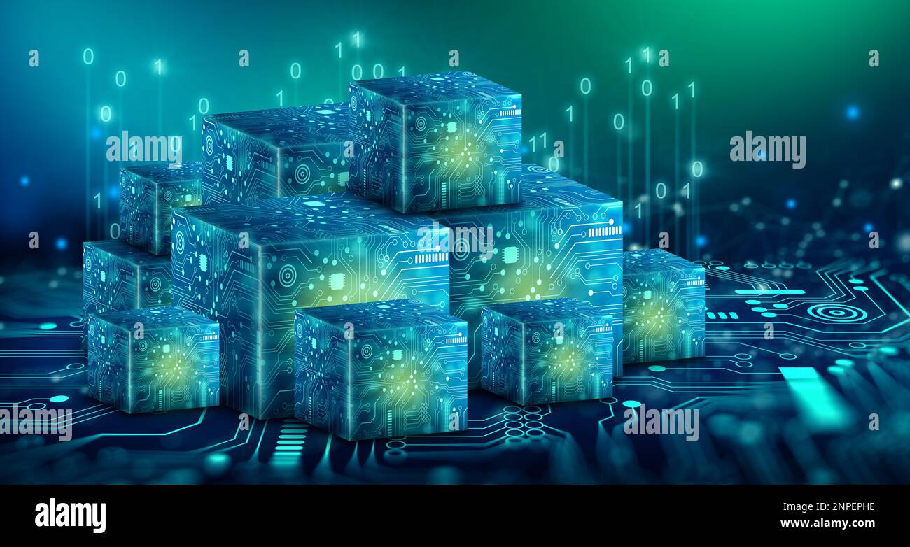 Cube-Technologie mit abstraktem blauem Hintergrund. Blockchain-Netzwerksystem. Big-Data-Speicherverarbeitung, Cloud-Daten, Internetsicherheit und digitale Technologie Stockfoto