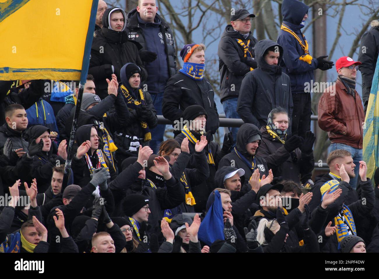 Während des Spiels zwischen BFC Dynamo und 1. FC Lokomotive Leipzig, Regionalliga Nordost, Runde 22, Sportforum Hohenschönhausen, Berlin, Deutschland, 26. Februar 2023. Iñaki Esnaola Stockfoto