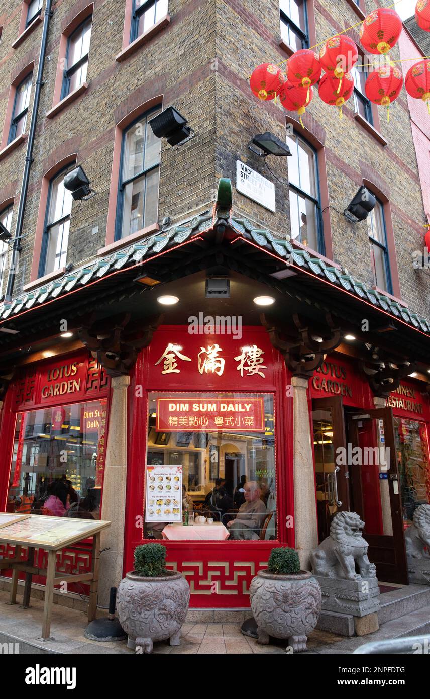 In Chinatown in London hängen frische rote Laternen an den Gebäuden, um das chinesische Neujahr und das Jahr des Tigers zu feiern. Stockfoto