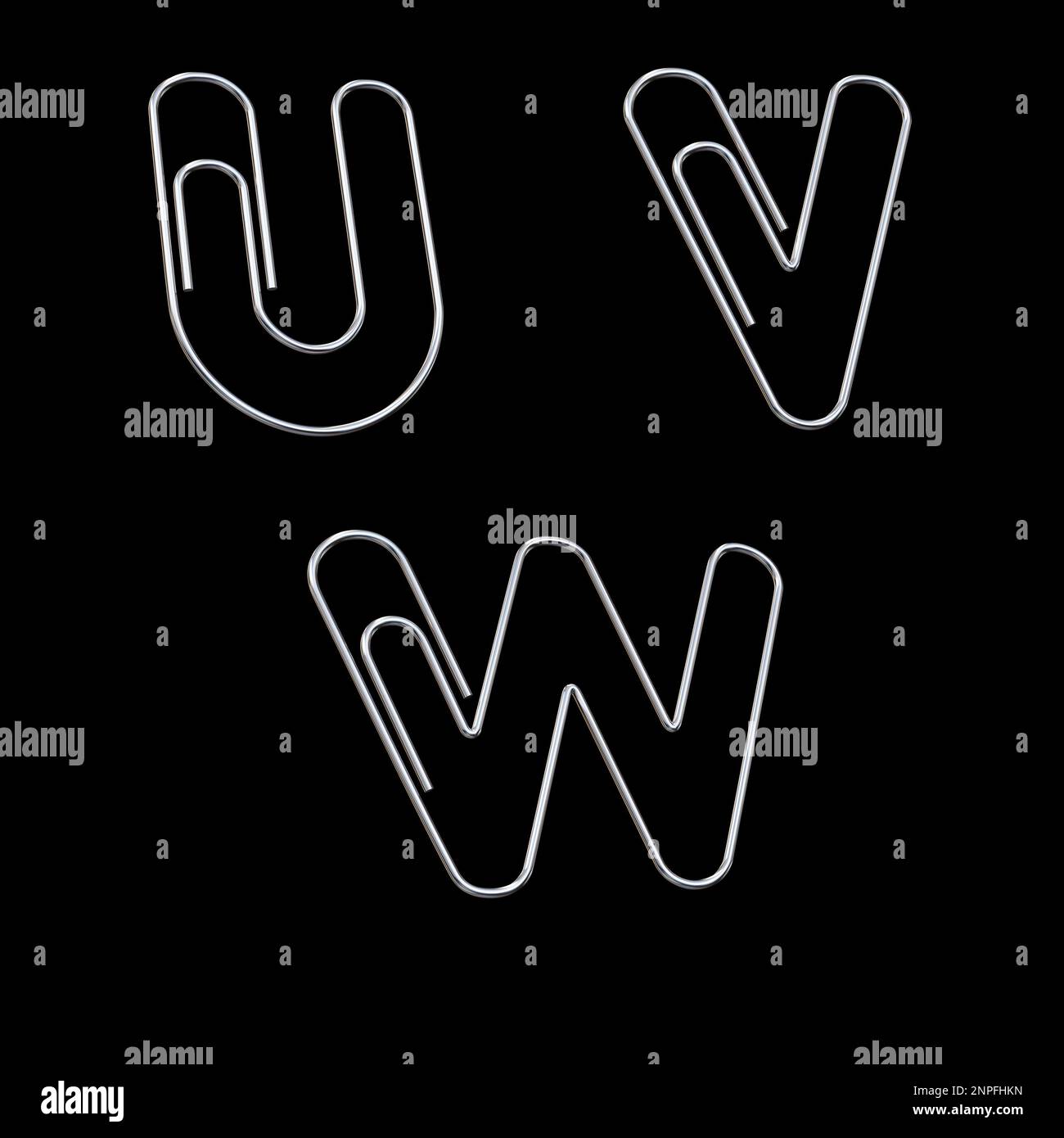 3D-Darstellung des Alphabets der metallenen Büroklammern - Buchstaben U-W Stockfoto
