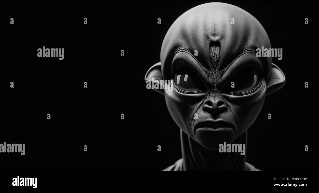 Porträt eines Außerirdischen auf schwarzem Hintergrund. Genarative KI Stockfoto