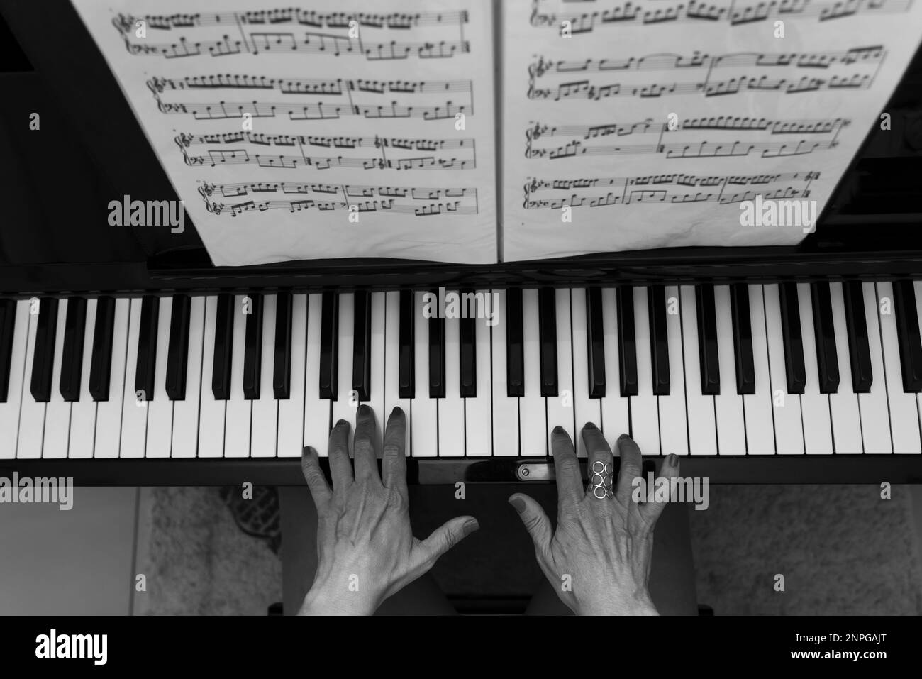 Talentierte Hände einer Frau, die klassische Musik auf dem Klavier spielt. Musik und Perfektion. Stockfoto