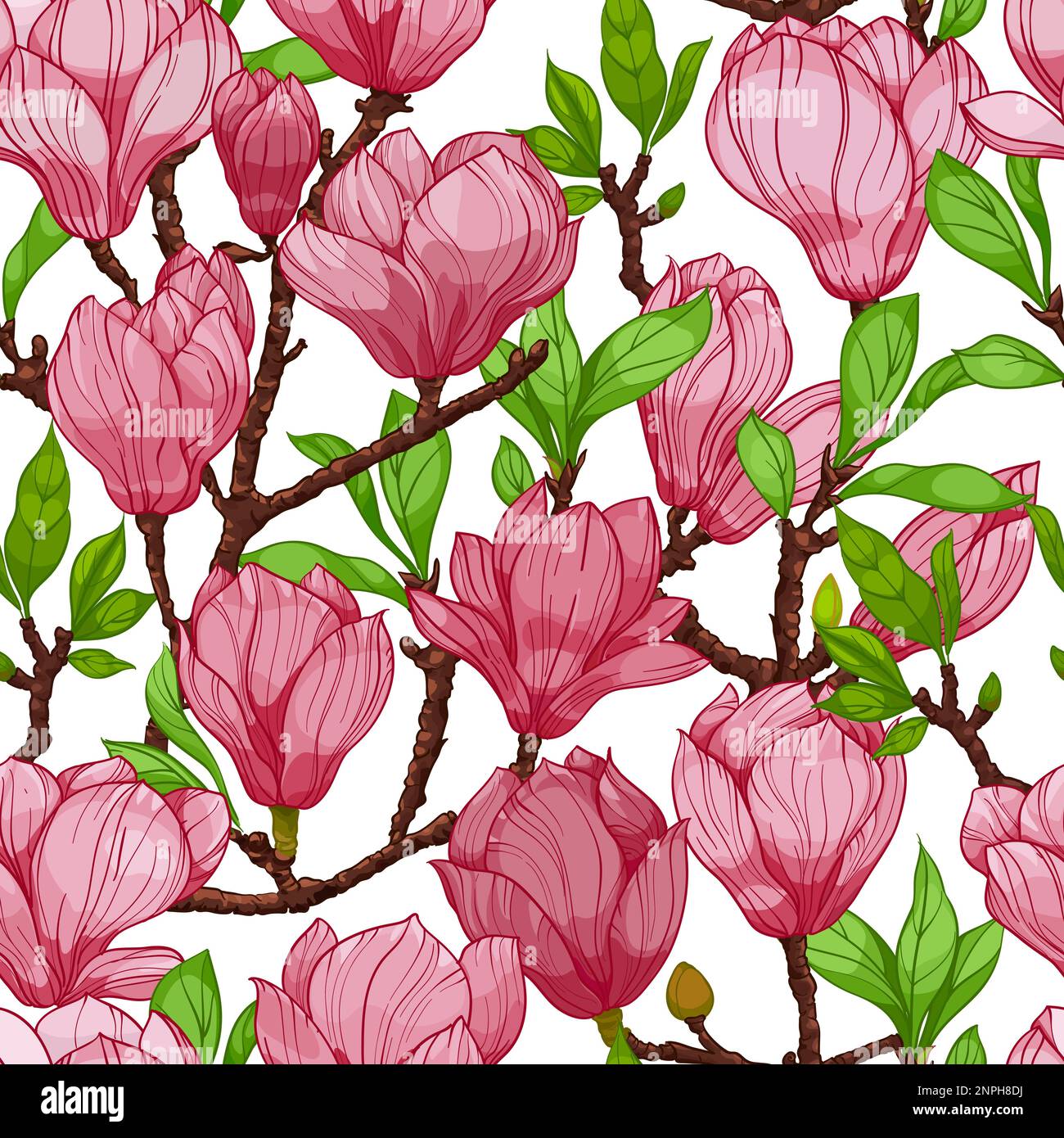Rosa Magnolienblüten, nahtloses Muster. Handgezeichnete Illustration Stock Vektor