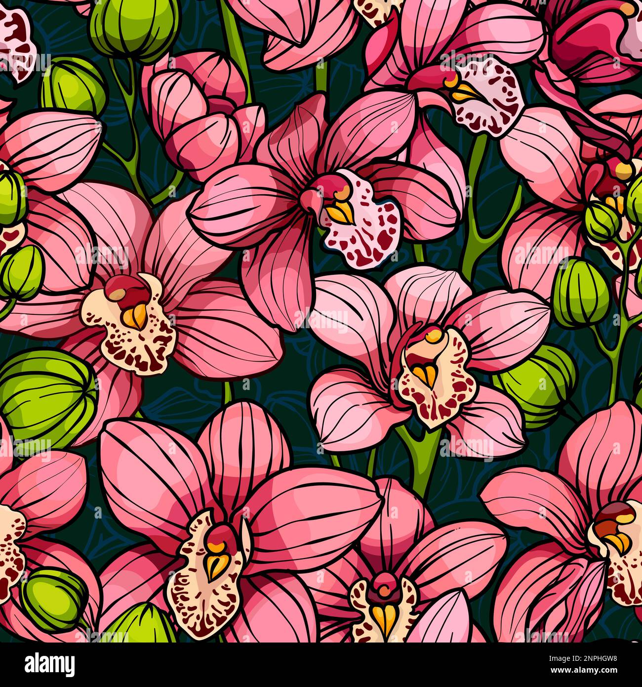 Rosa Orchideen, nahtloses Vektormuster. Handgezeichnete Illustration Stock Vektor