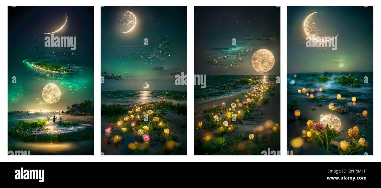Gemalte Nachtlandschaft. Hintergrund mit Sternen, Mond, Blumen und Meer Stockfoto