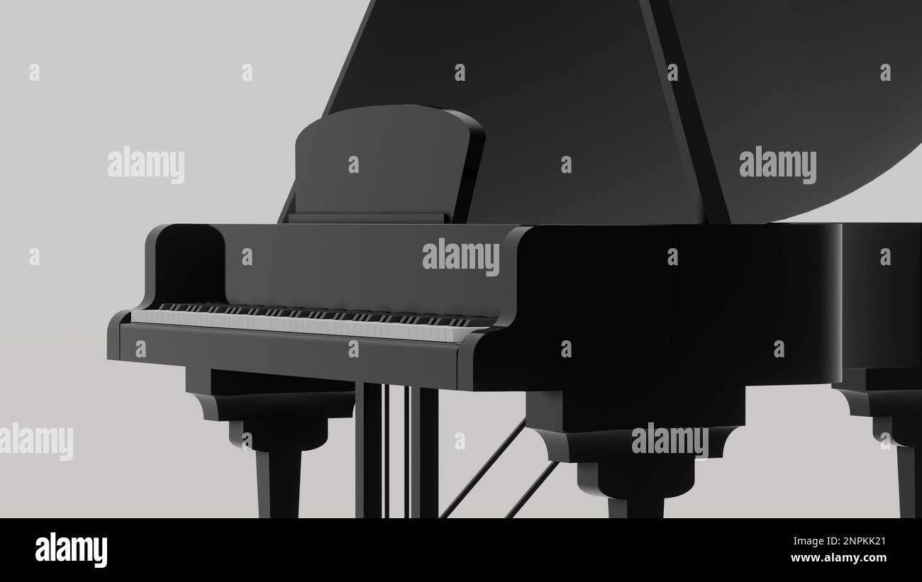 Schwarzes Grand-Piano-3D-Hintergrundbild und Hintergrund. Stockfoto