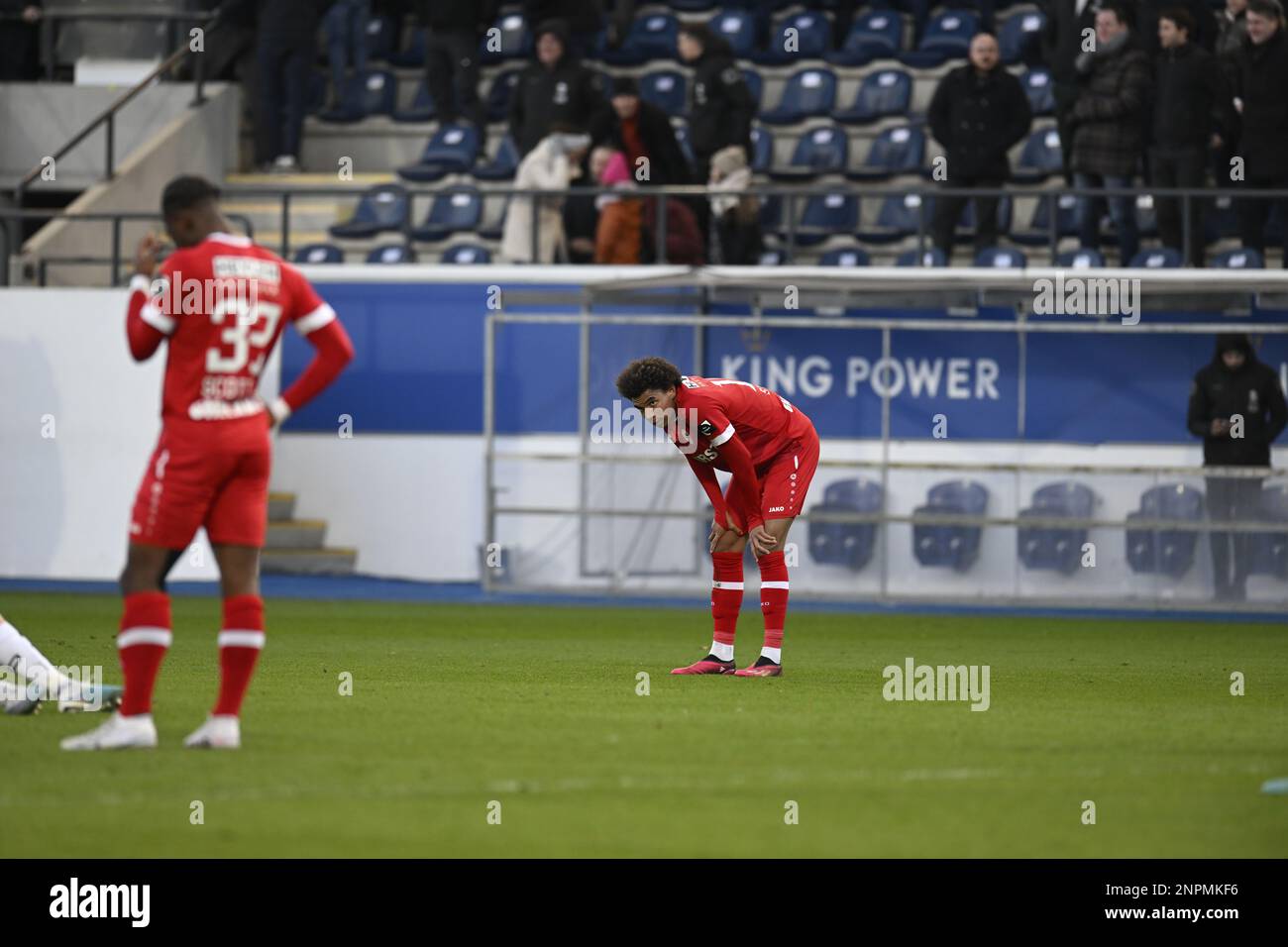 Antwerpens Calvin Stengs reagiert nach einem Fußballspiel zwischen Oud-Heverlee Leuven und dem Royal Antwerpen FC am Sonntag, den 26. Februar 2023 in Leuven, am 27. Tag der ersten Division der belgischen Meisterschaft „Jupiler Pro League“ 2022-2023. BELGA FOTO TOM GOYVAERTS Stockfoto