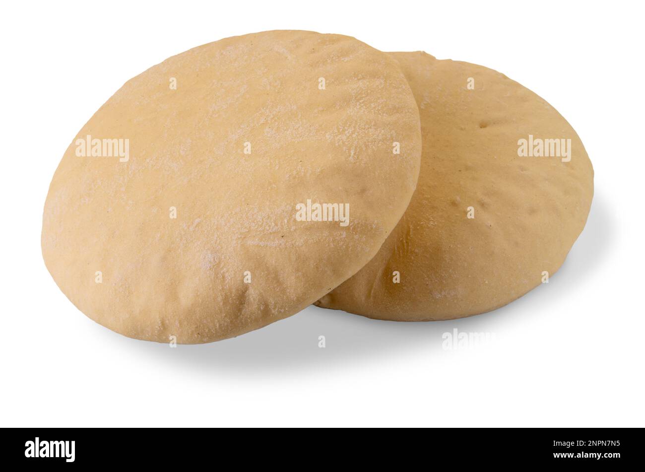 Arabisches Brot, zwei Brote, isoliert auf weißem, Schneideweg Stockfoto