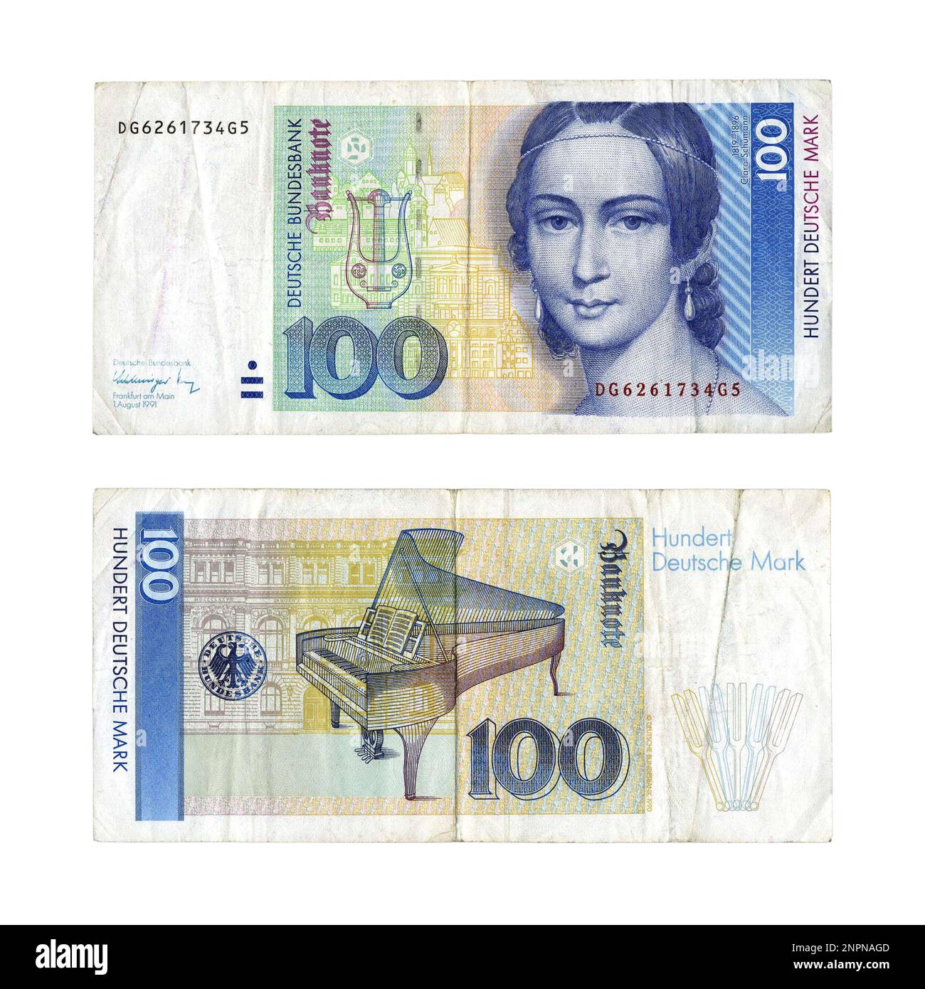 100-Mark-Banknote aus altem Deutschland, isoliert auf weißem Hintergrund. Verwendetes deutsches deutsches Mark-Währungsexemplar Stockfoto