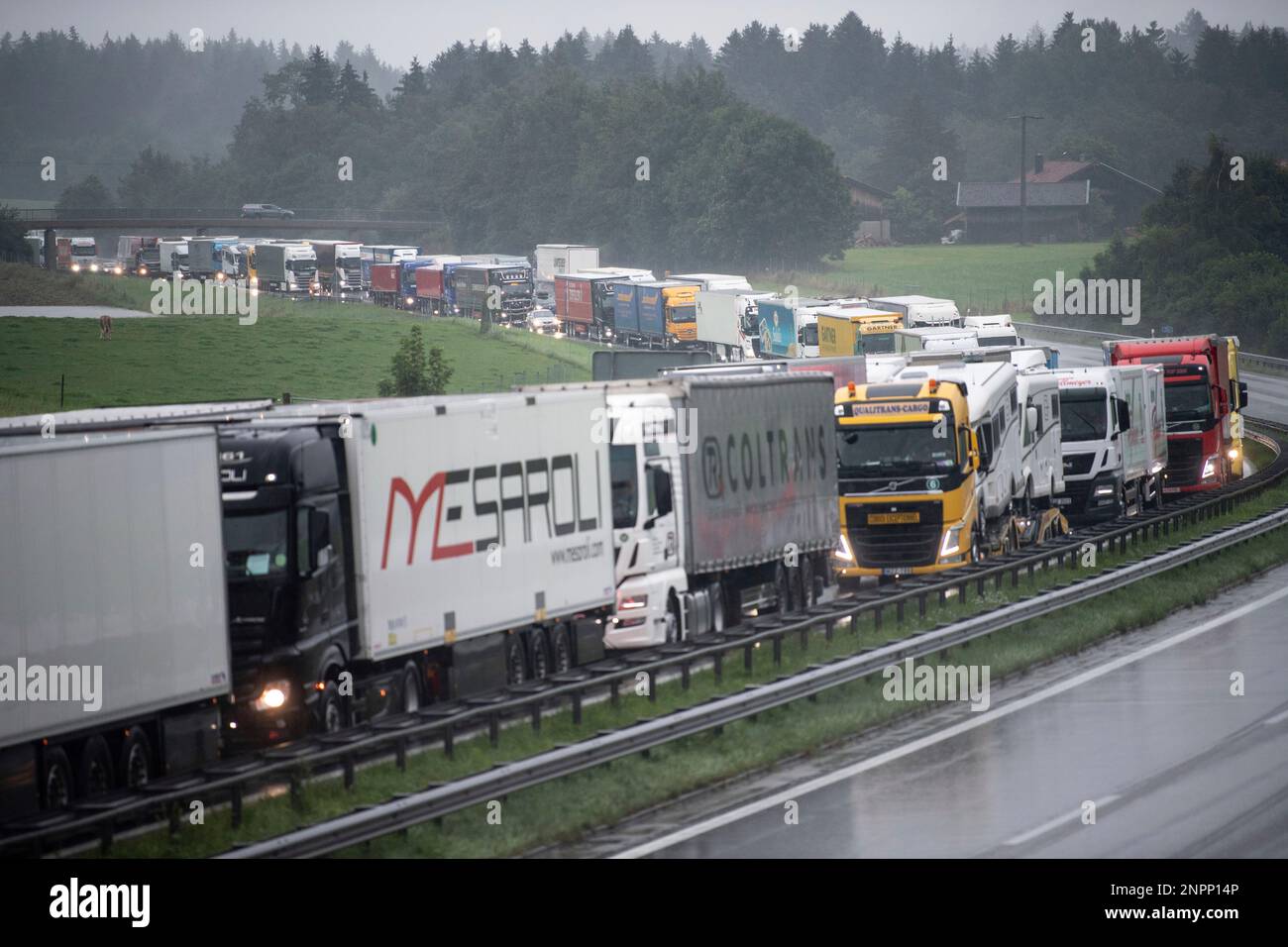 Trucks are stuck in traffic jams on the motorway 8 between Salzburg and ...