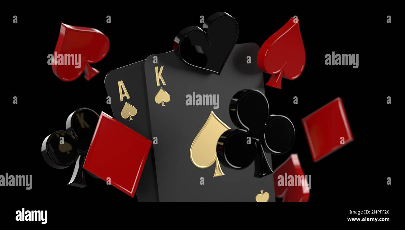 Luxus-Spielkarten mit Ass und König und Spielsymbole im fliegenden Casino auf schwarzem Hintergrund, Kopierbereich. Mobile Online-Anwendungen, Sportwetten, Poker Stockfoto