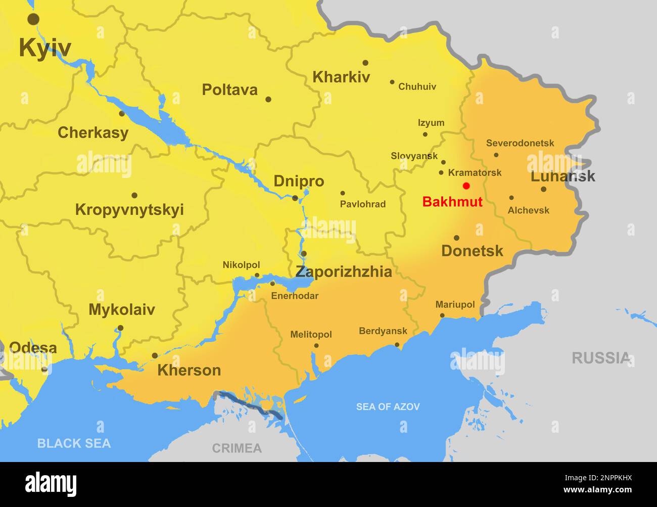 Bakhmut ist der Höhepunkt des Krieges auf der Karte des Südostens der Ukraine, von Russland erobertes Territorium. Die Regionen Luhansk, Donezk, Kherson und Saporischhien im Umriss m. Stockfoto