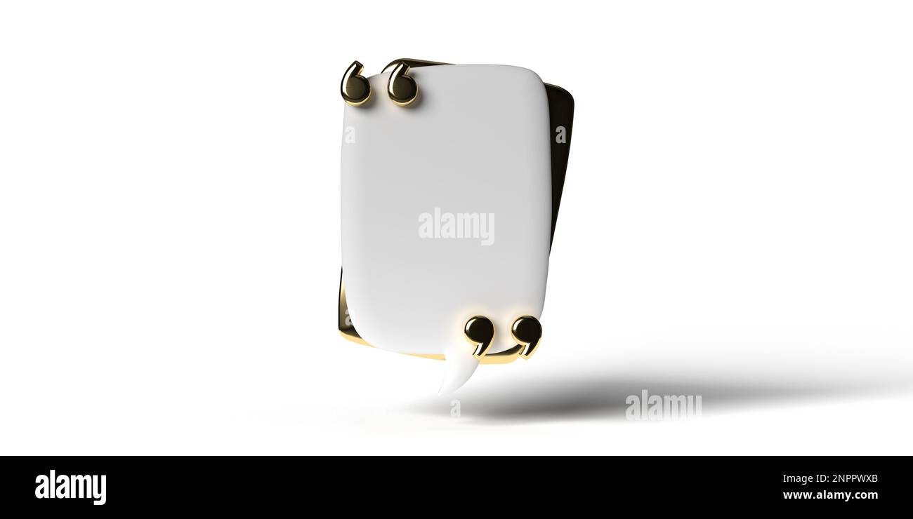 Vertikale leere Sprechblase mit Anführungszeichen auf weißem Hintergrund, Kopierbereich und Beschneidungspfad. Ditto markiert die Symbolgruppe für die Kommunikation in sozialen Netzwerken Stockfoto
