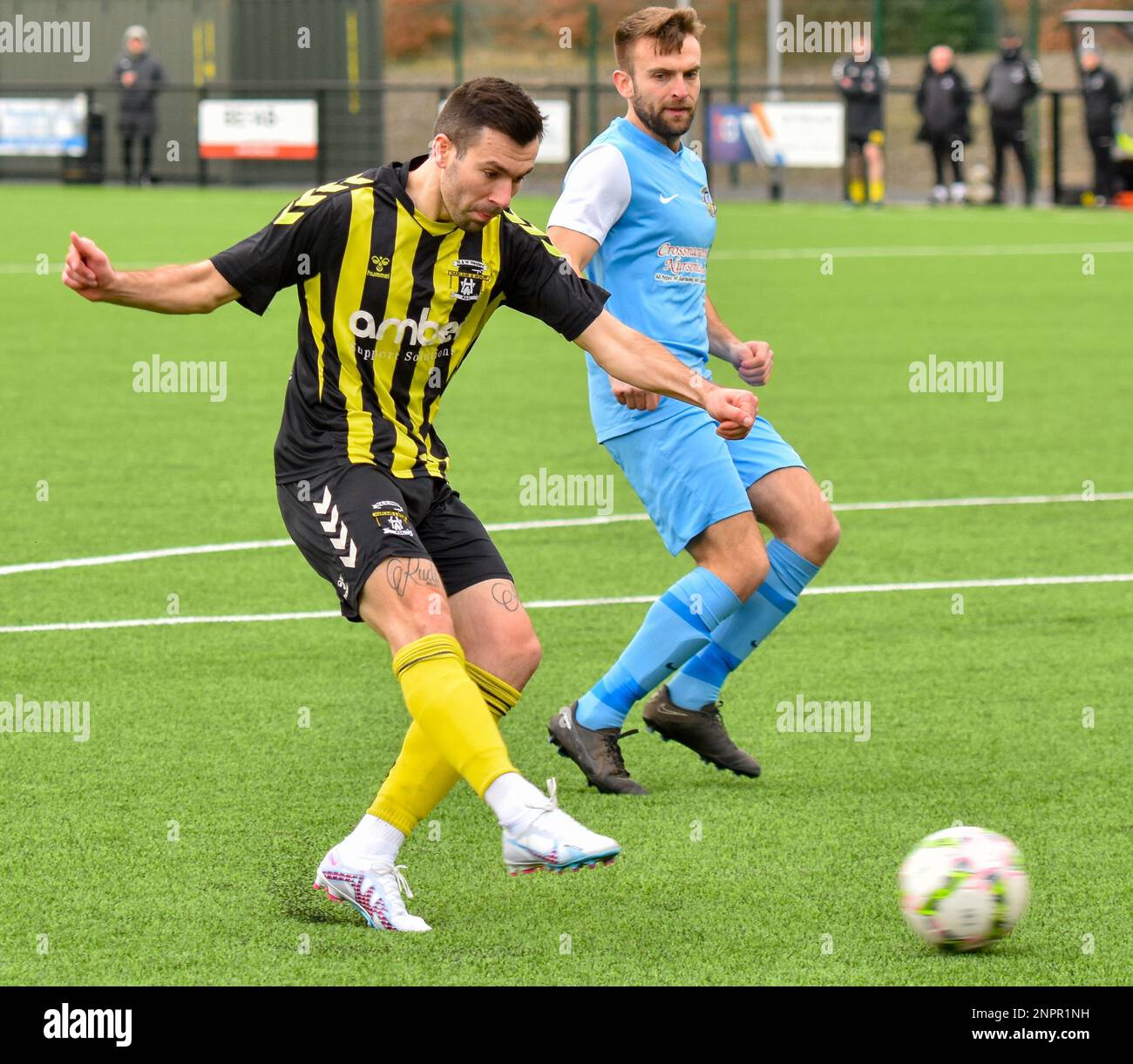 Matthew Ferguson von H&W Welders. H&W Welders FC gegen Knockbreda FC, Samstag, 25. Februar 2023, Blanchflower Stadium, Belfast, Lough 41 Championship. Stockfoto