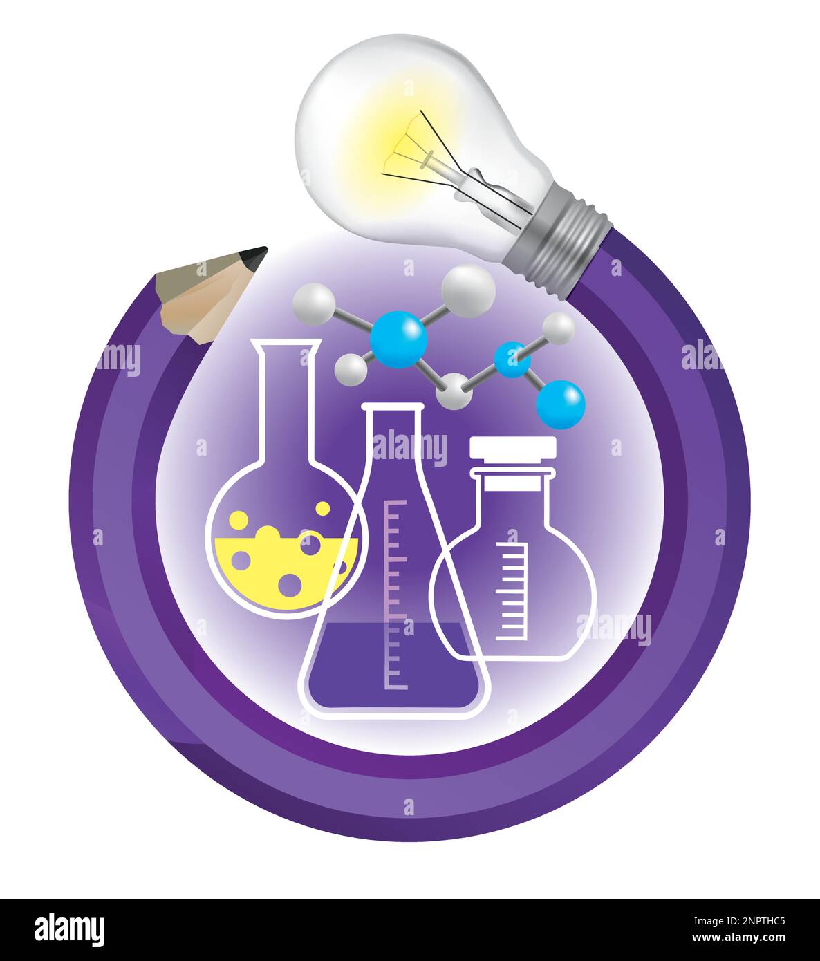Spielerische Chemie, kreatives Bleistiftkonzept. Illustration eines bunten gedrehten Bleistifts mit Glühbirne und Chemiesymbolen, Laborglaswaren. Stock Vektor