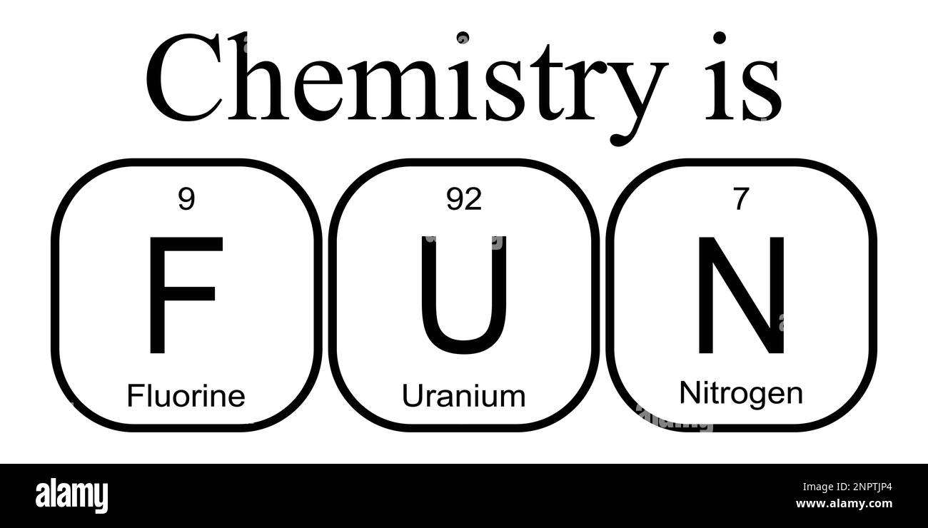 Chemie macht SPASS – Fluor, Uran und Stickstoff. Lustige Phrase mit dem Periodensystem der chemischen Elemente Stock Vektor