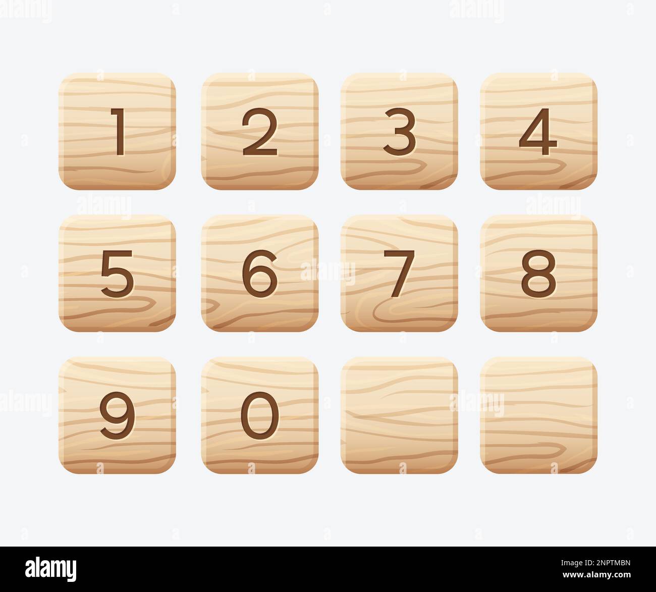 Holzfliesen mit Alphabet. Quadratischer Block mit Zahlen. Spielelement, Benutzeroberfläche für Puzzle-Spiele, Vektordarstellung. Stock Vektor