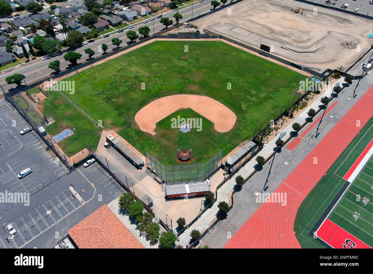 A general view of the baseball field on the liberal arts campus of Long Beach City College, Sunday, July 12 2020, in Long Beach, Calif. (Kirby Lee via AP) Stockfoto