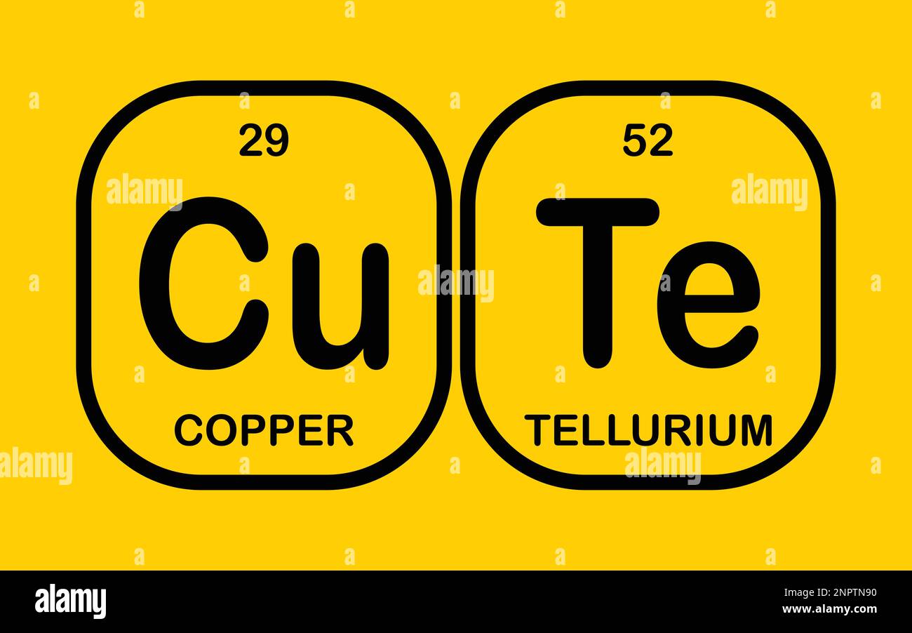 Cute – Kupfer und Tellur. Lustiger Satz mit dem Periodensystem der chemischen Elemente auf gelbem Hintergrund Stock Vektor