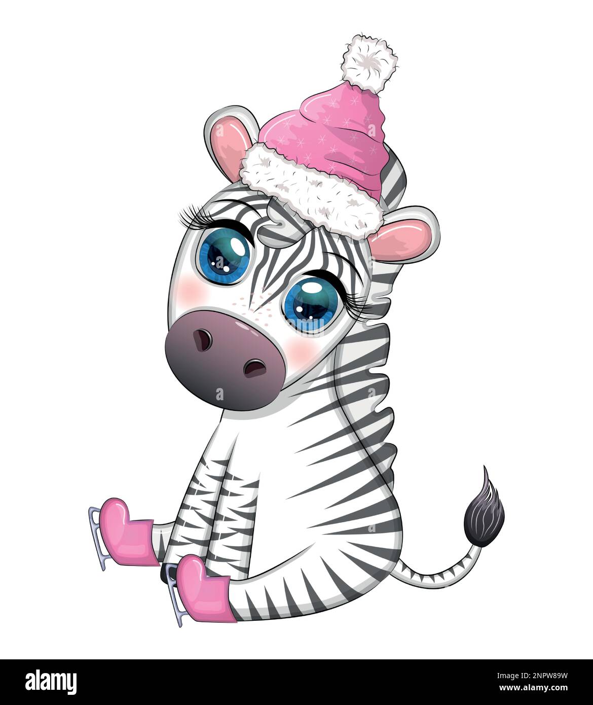 Süßes Zebra mit Hut und Schal, Schlittschuhlaufen, Winter. Tierfreunde Cartoon-Figur Stock Vektor