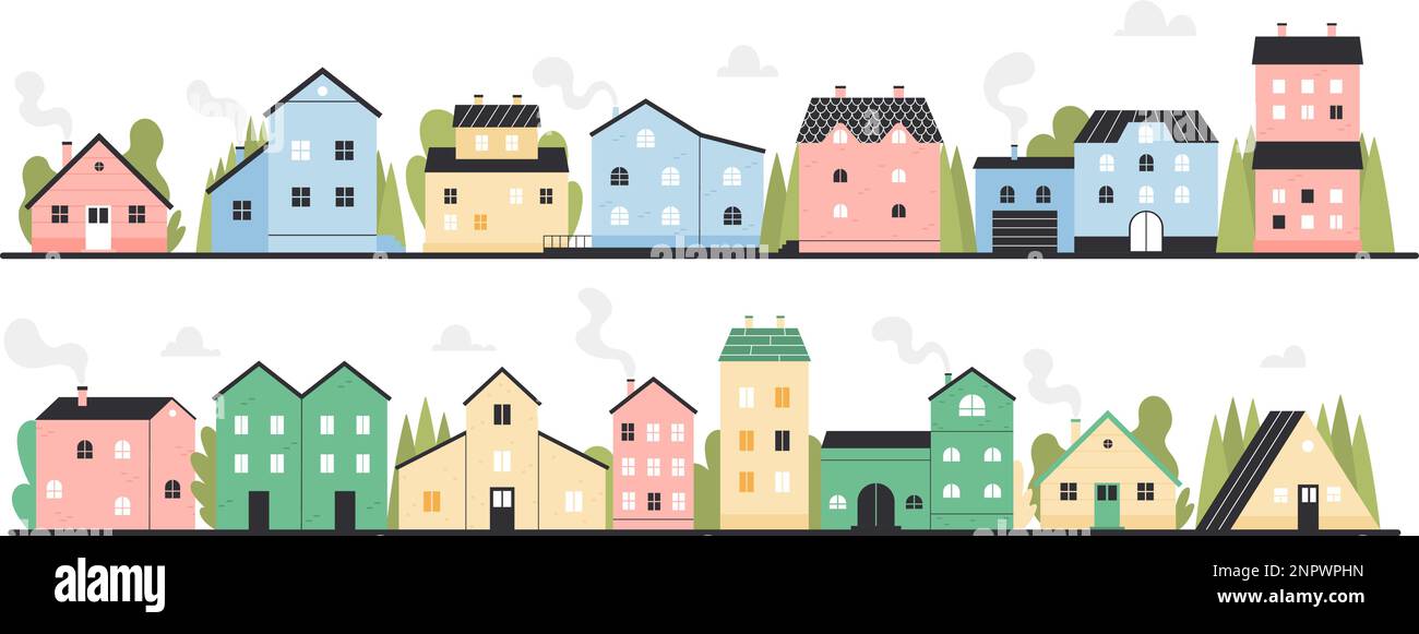 Stadtstraße mit Gebäuden, Vektordarstellung für Wohngebiete. Urbane Cartoon-Landschaft der Stadt oder des Dorfes mit Häusern und Bäumen in Reihe, Vorderansicht der Hütten von außen mit Tür und Fenstern Stock Vektor