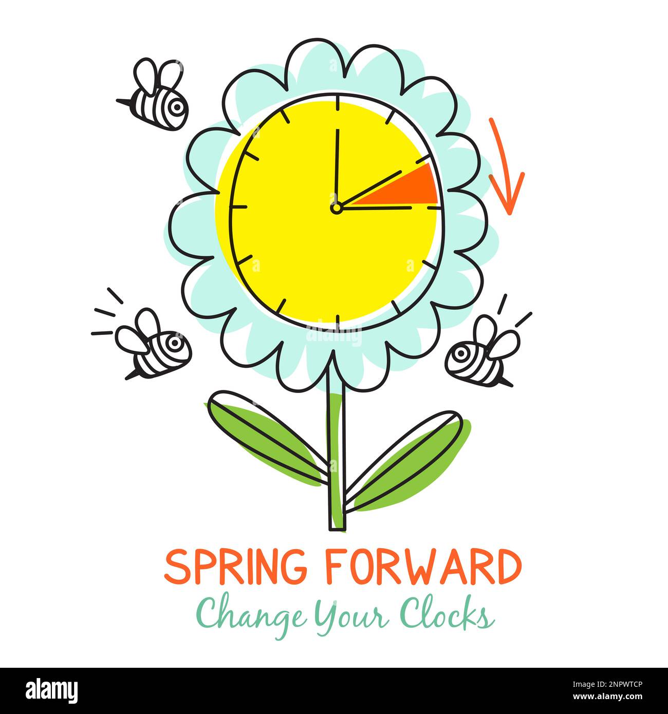 Frühlings-Banner für Sommerzeit im niedlichen Zeichentrickstil. Frühjahrskonzept mit lustiger Uhrenblume und Zeitplan für Uhrenwechsel Stock Vektor