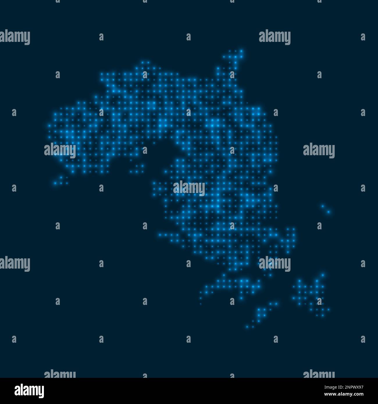 Bintan Island, gepunktete, leuchtende Karte. Form der Insel mit blauen hellen Glühbirnen. Vektordarstellung. Stock Vektor