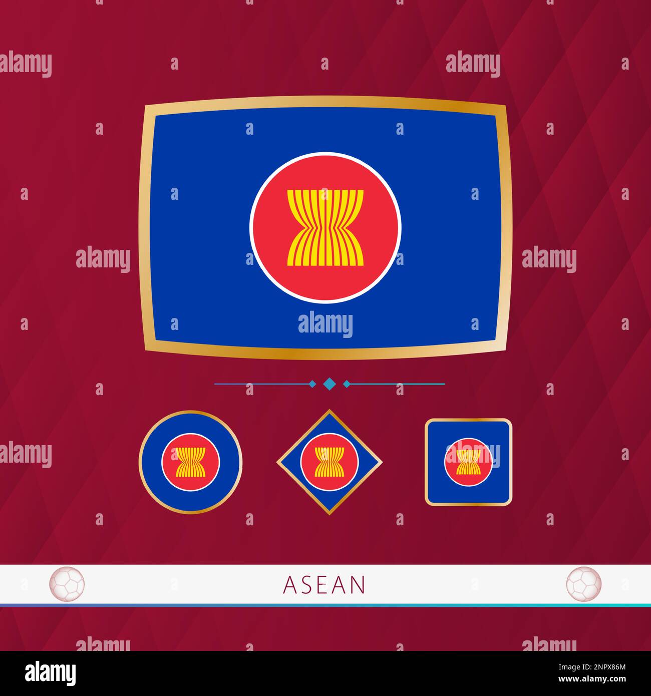 ASEAN-Flaggen mit goldenem Rahmen für Sportveranstaltungen auf burgunderfarbenem abstraktem Hintergrund. Vektorsammlung von Flaggen. Stock Vektor