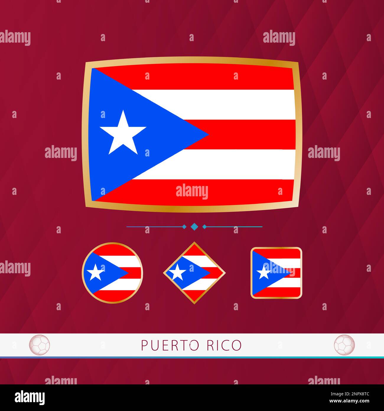 Set aus Puerto Rico Flaggen mit goldenem Rahmen für Sportveranstaltungen auf burgunderfarbenem abstraktem Hintergrund. Vektorsammlung von Flaggen. Stock Vektor