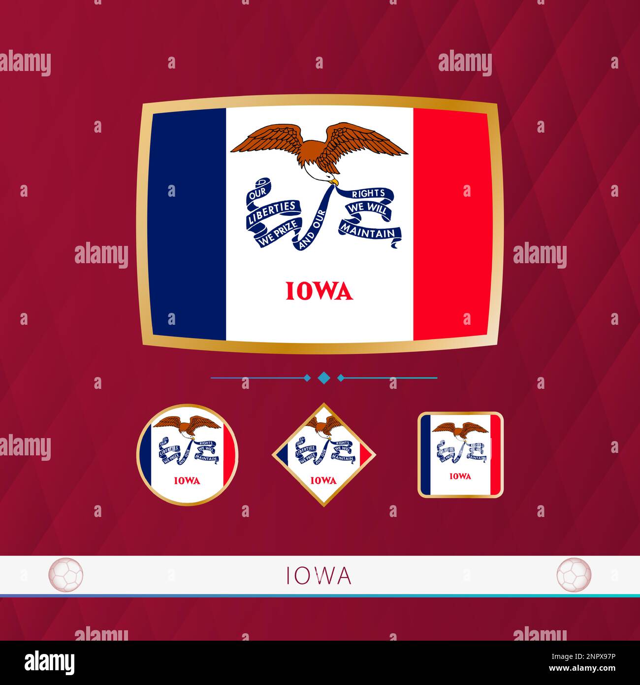 Set aus Iowa-Flaggen mit goldenem Rahmen zur Verwendung bei Sportveranstaltungen auf burgunderfarbenem abstraktem Hintergrund. Vektorsammlung von Flaggen. Stock Vektor