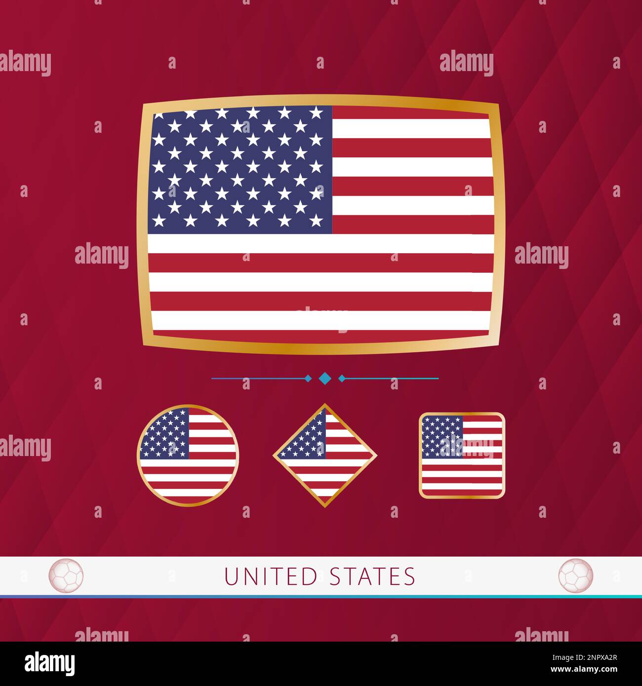 Set von USA-Flaggen mit goldenem Rahmen für Sportveranstaltungen auf burgunderfarbenem abstraktem Hintergrund. Vektorsammlung von Flaggen. Stock Vektor