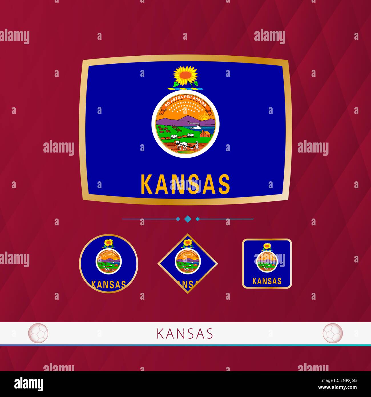 Set aus Kansas Flaggen mit goldenem Rahmen für Sportveranstaltungen auf burgunderfarbenem abstraktem Hintergrund. Vektorsammlung von Flaggen. Stock Vektor