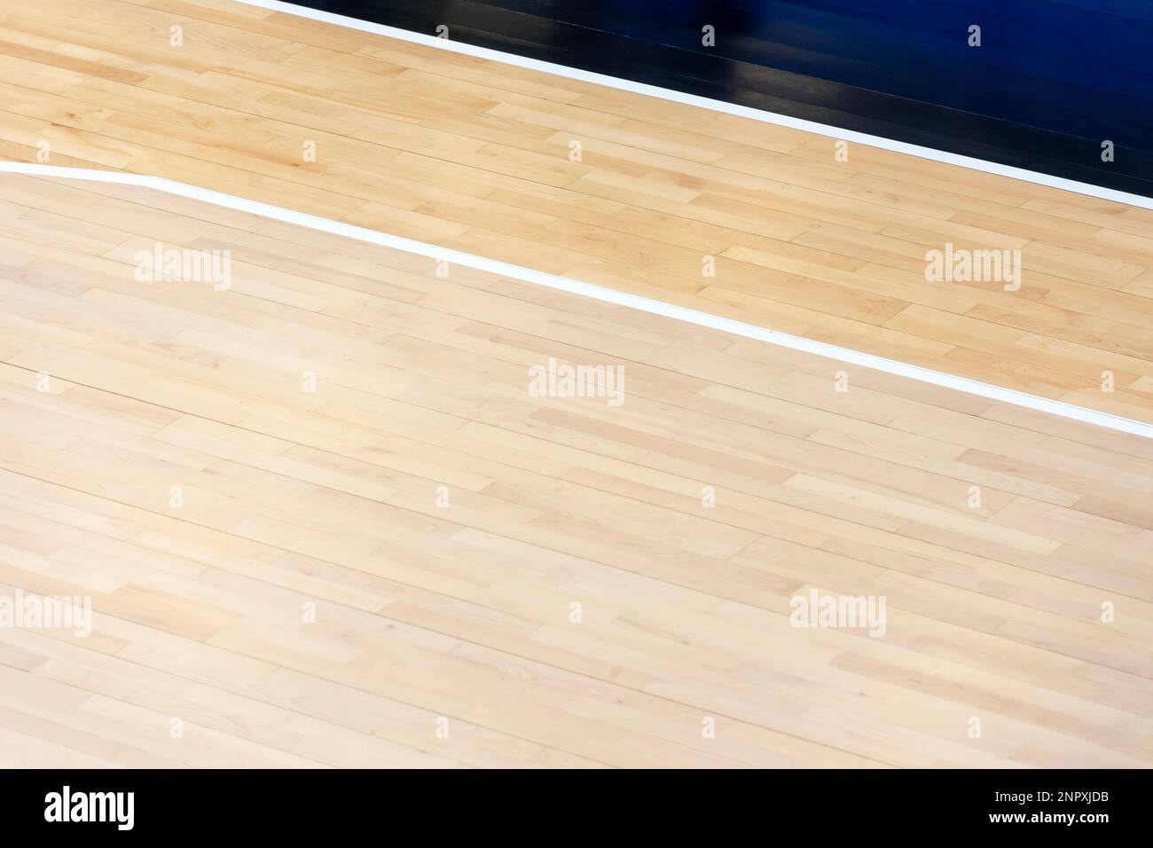 Holzboden Volleyball, Basketball, Badminton, Futsal, Handballplatz mit Lichteffekt. Holzfußboden der Sporthalle mit Markierungslinien auf Woode Stockfoto