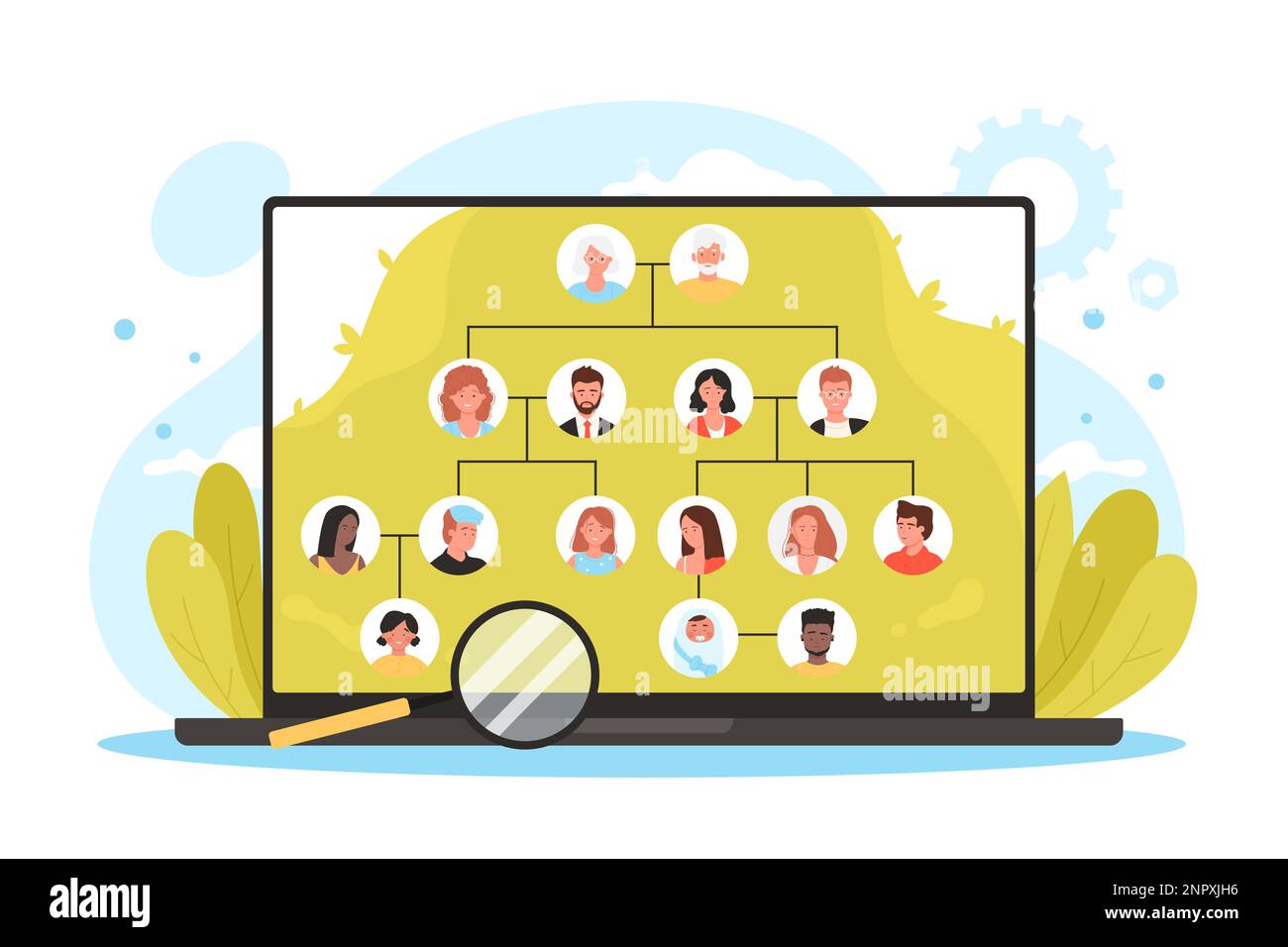 Stammbaum-App, Genealogie-Software-Vektordarstellung. Cartoon-Infografik-Vorlage mit Laptop und Lupe, Verwandten, Großeltern, Eltern und Kindern, die mit Linien auf dem Bildschirm verbunden sind Stock Vektor